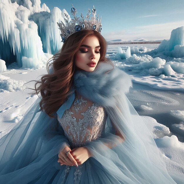 a woman in a blue dress is posing in front of icebergs