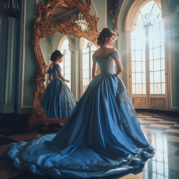 Photo a woman in a blue dress is posing in front of a window