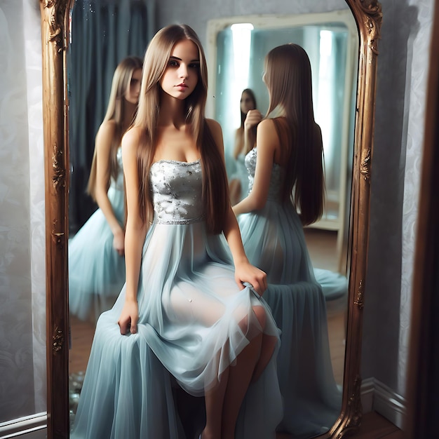 Photo a woman in a blue dress is reflected in a mirror