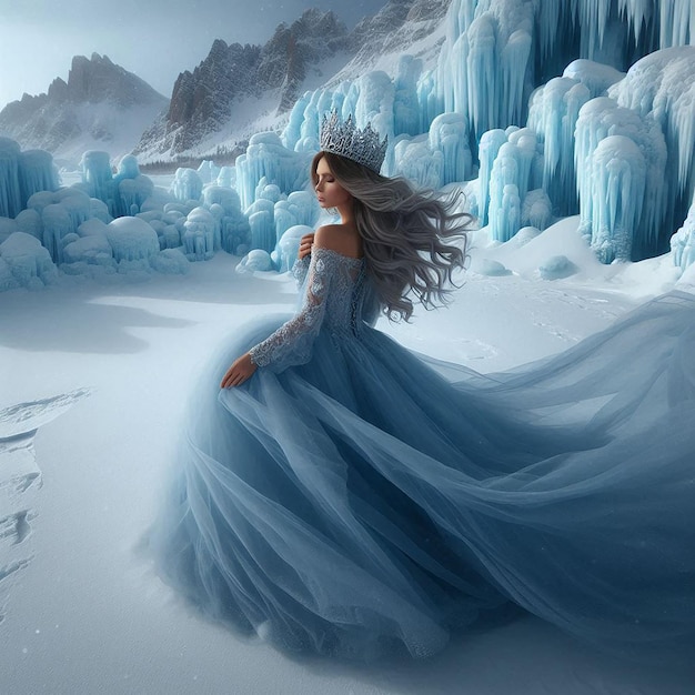 Photo a woman in a blue dress is sitting in front of an ice cave