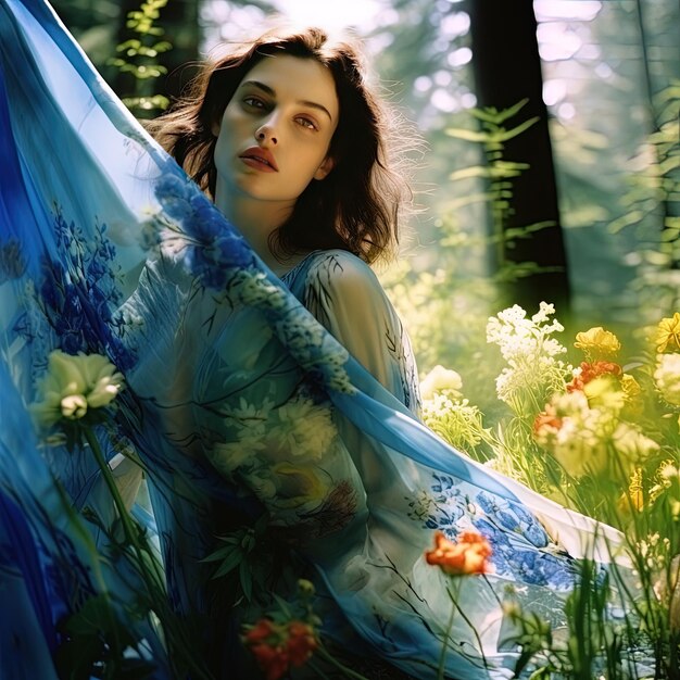 Photo a woman in a blue dress is sitting in the grass with flowers