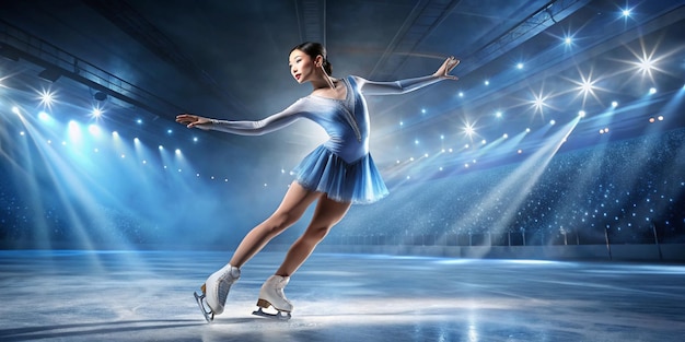 Photo a woman in a blue dress is skating on a stage with lights behind her