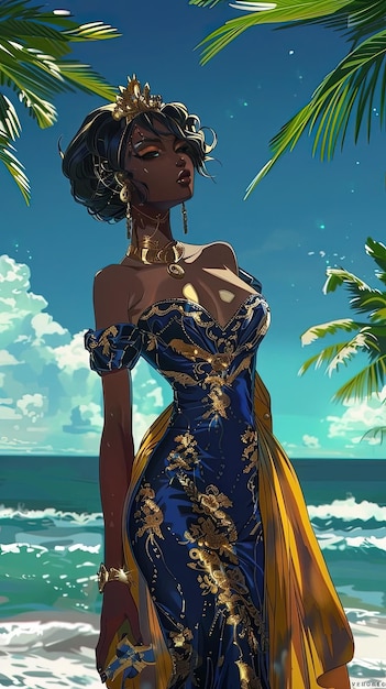 a woman in a blue dress is standing on the beach