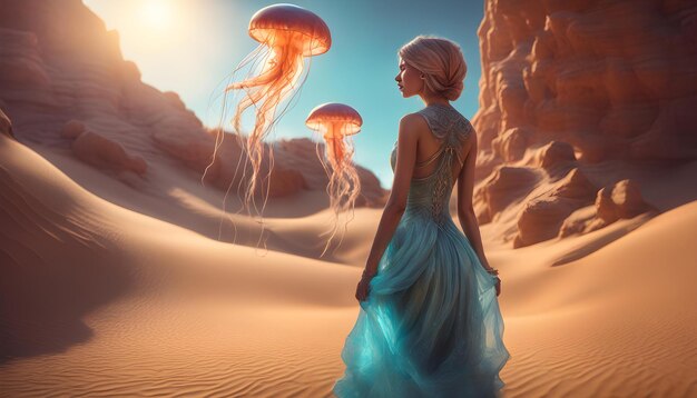 a woman in a blue dress is standing in the desert with jellyfish