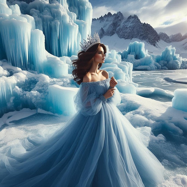 a woman in a blue dress is standing in front of an iceberg