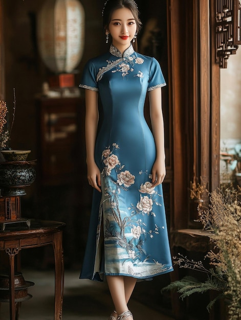 Photo a woman in a blue dress is standing in front of a mirror