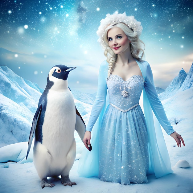 Photo a woman in a blue dress is standing in front of a penguin