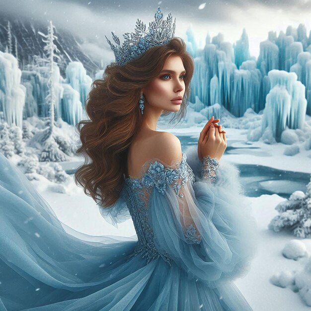 a woman in a blue dress is surrounded by snow and ice