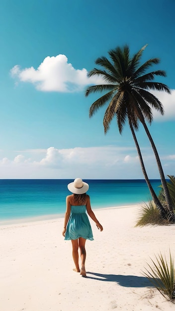 a woman in a blue dress is walking on the beach