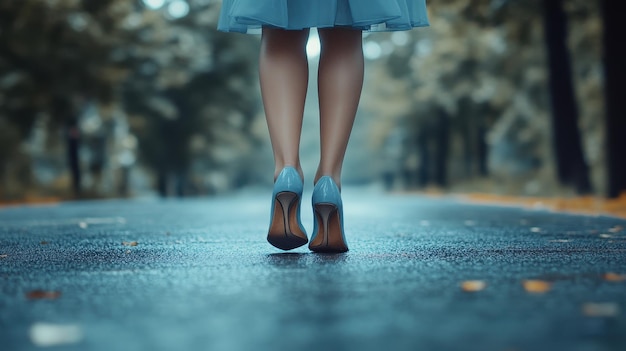 a woman in a blue dress is walking down a road with her feet on the ground