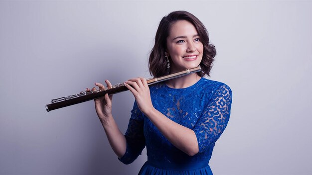 a woman in a blue dress playing a flute