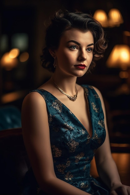 A woman in a blue dress sits in a dark bar with a gold necklace and a gold necklace.