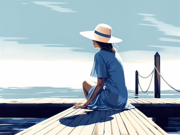 A woman in a blue dress sits on a dock and looks out to sea.