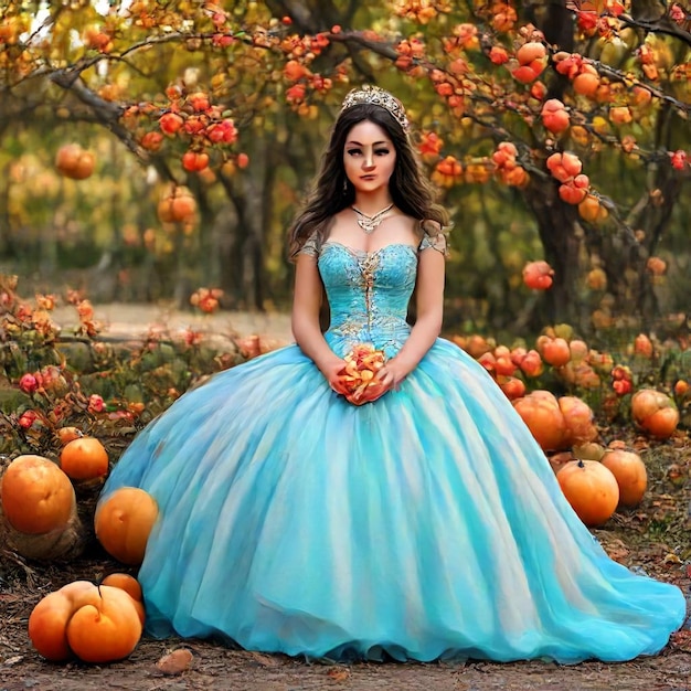 Photo a woman in a blue dress sits in front of a pumpkin patch