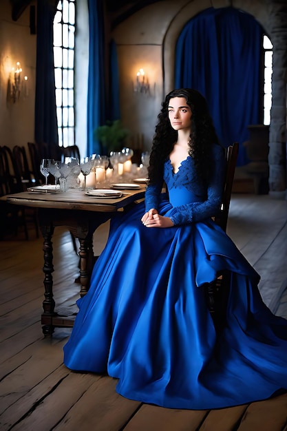 Photo a woman in a blue dress sits in front of a table with wine glasses and a table with wine glasses