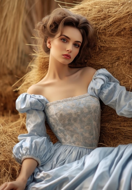 A woman in a blue dress sits on straw