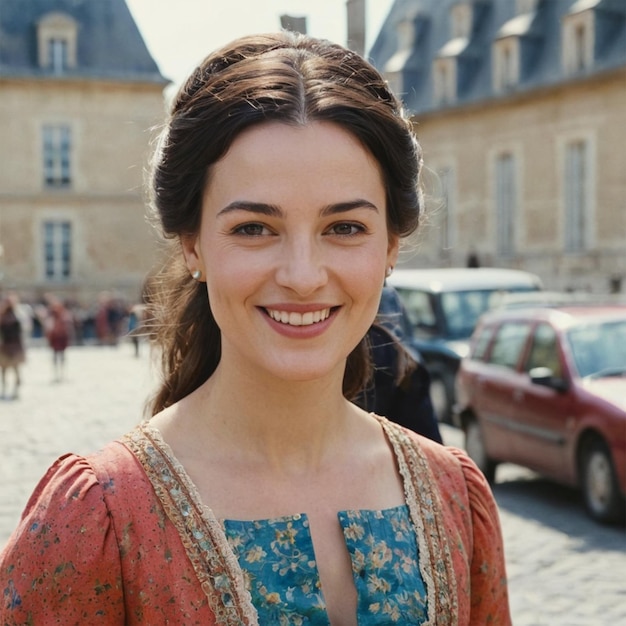 Photo a woman in a blue dress smiles for the camera