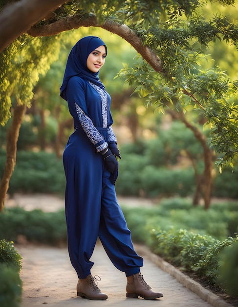 a woman in a blue dress standing under a tree