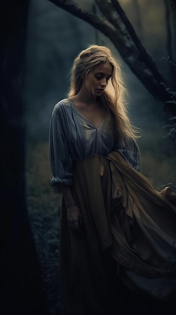 A woman in a blue dress stands in a dark forest.