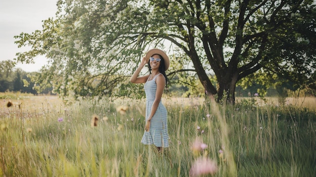 Photo a woman in a blue dress stands in a field of flowers