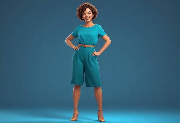 Photo a woman in a blue dress stands in front of a blue background