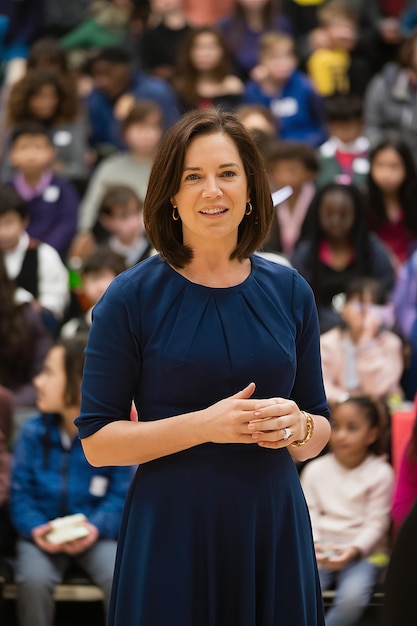 a woman in a blue dress stands in front of a crowd of children