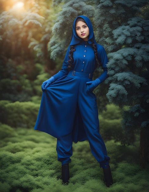 Photo a woman in a blue dress stands in front of a forest