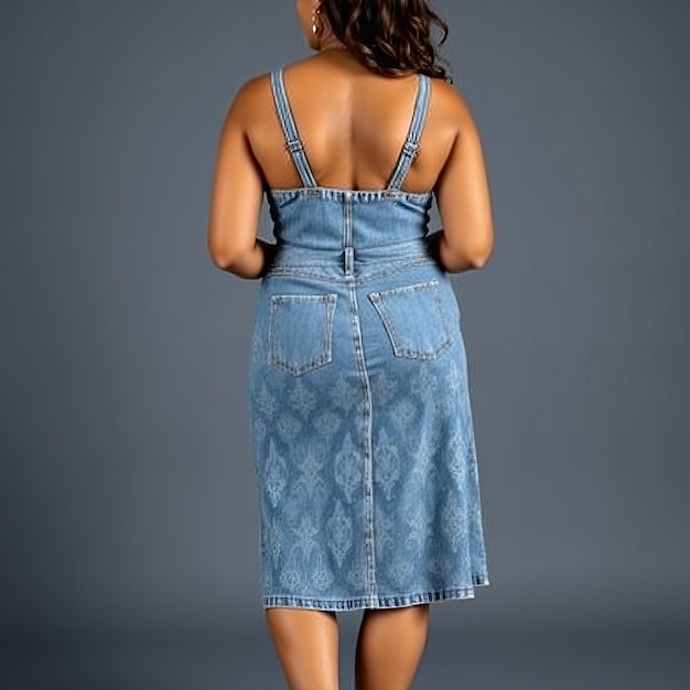 Photo a woman in a blue dress stands in front of a gray background