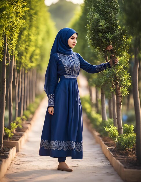 Photo a woman in a blue dress stands in a row of trees