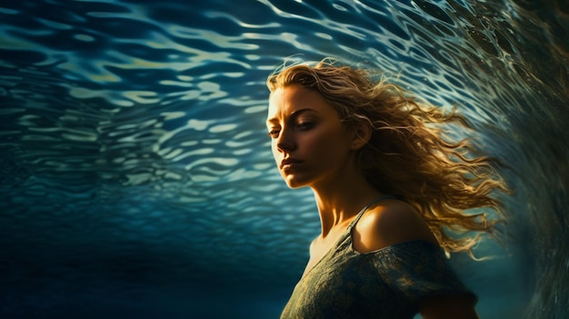 A woman in a blue dress stands under water with the words'ocean'on the bottom.