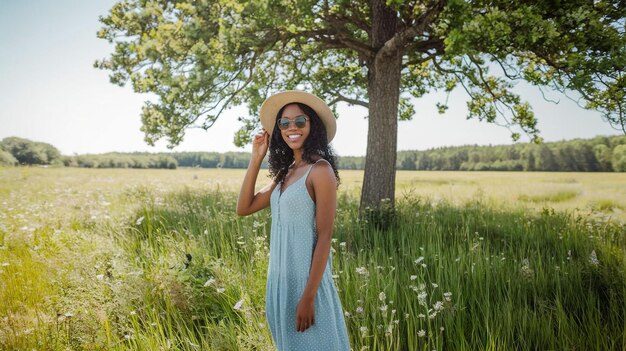 Photo a woman in a blue dress and sunglasses stands in a field with a tree in the background