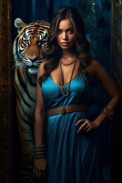 A woman in a blue dress and a tiger