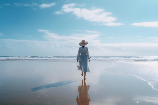 A woman in a blue dress walks along the beach in front of a blue sky.