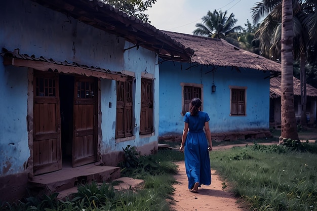 a woman in a blue dress walks down a dirt path