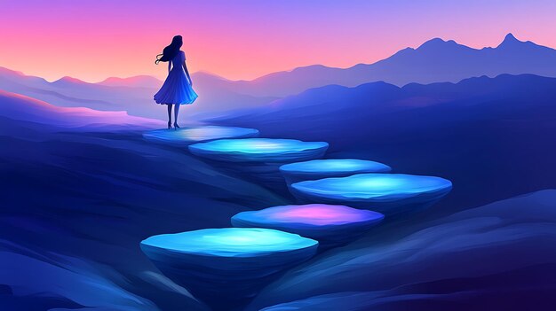 Photo woman in a blue dress walks towards the horizon on floating stepping stones