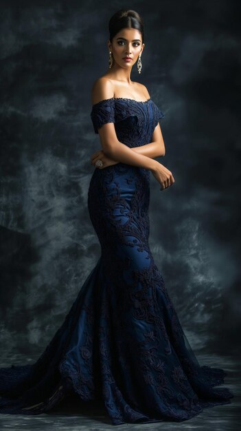 a woman in a blue dress with a black dress