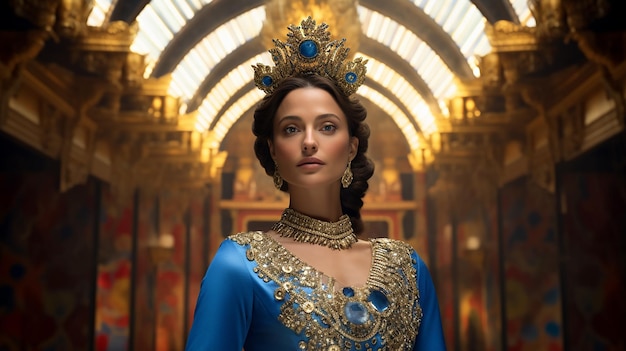 a woman in a blue dress with a blue sash and gold jewelry.