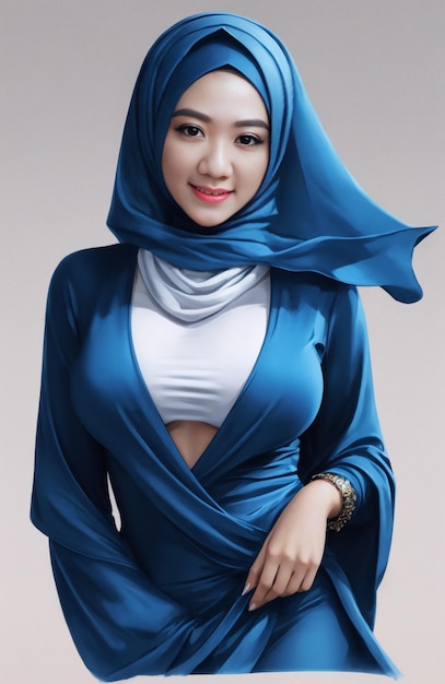 a woman in a blue dress with a blue scarf on her head