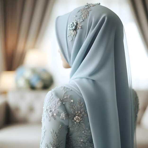 Photo a woman in a blue dress with a floral design on the back