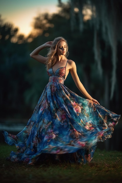 A woman in a blue dress with a floral pattern on it