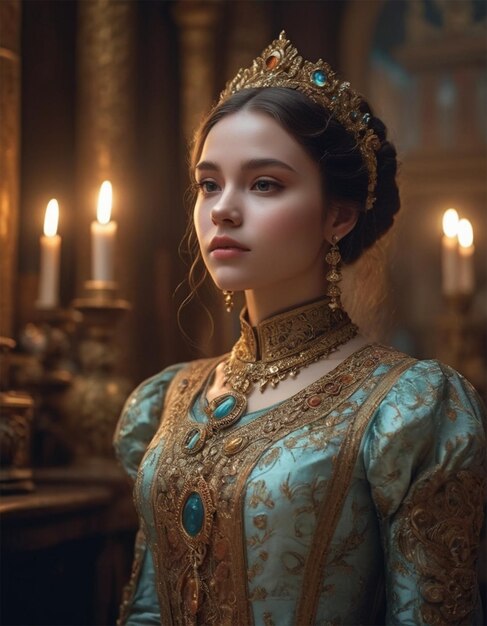 a woman in a blue dress with a gold crown and a blue and green sash