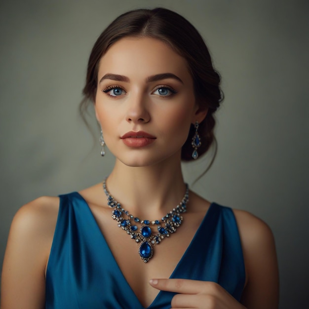 a woman in a blue dress with a necklace that says she is wearing a necklace