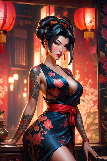 A woman in a blue dress with a red sash with tattoo on body