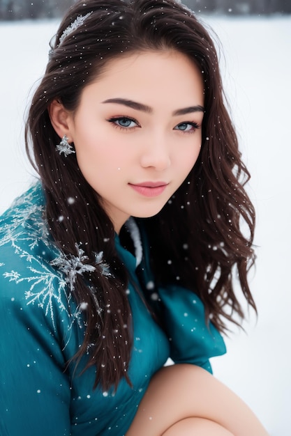 A woman in a blue dress with snowflakes on her face