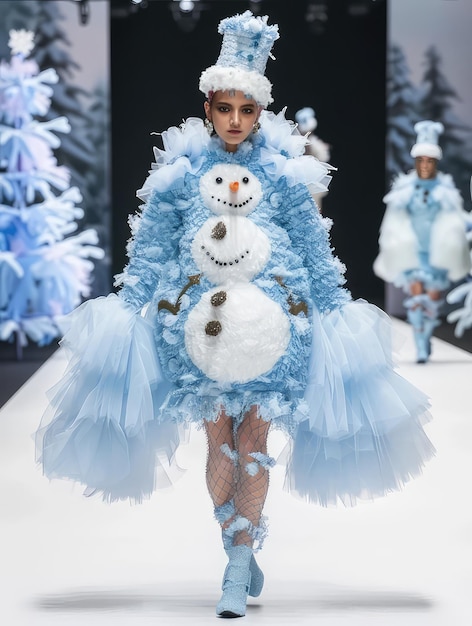 Photo a woman in a blue dress with a snowman on the back