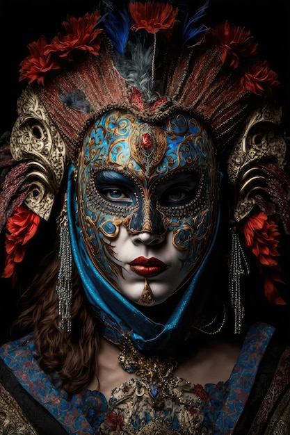 A woman in a blue and gold carnival mask