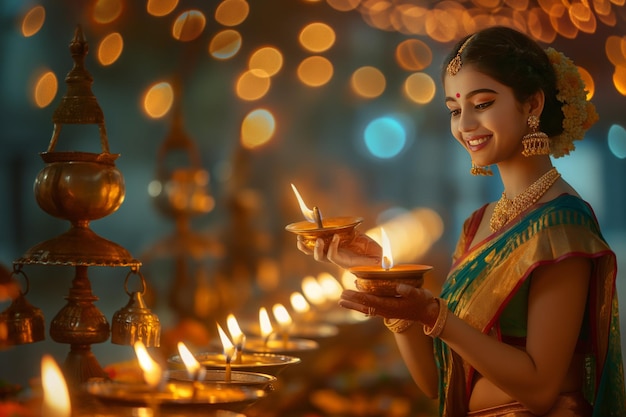 Woman in Blue and Gold Sari Lighting Diyas with Festive Lights During Diwali