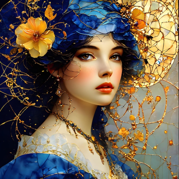 a woman in a blue hat with yellow flowers and a blue hat