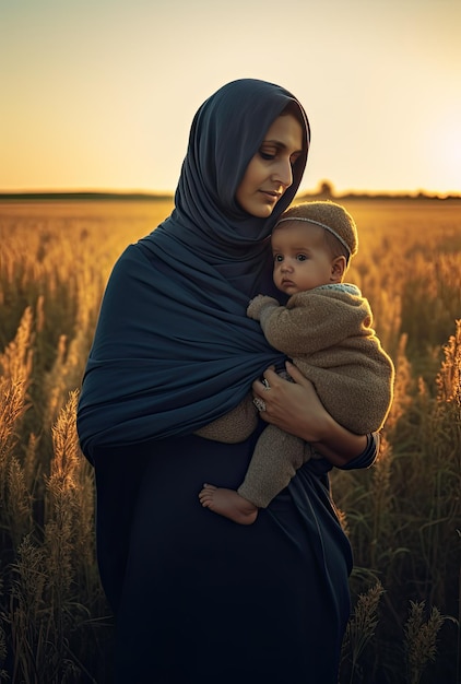 A woman in a blue hijab holds a baby in a field of wheat.