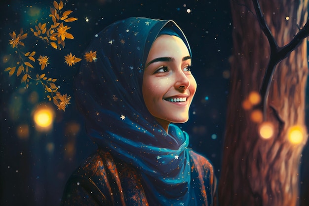 A woman in a blue hijab looking out at a tree with leaves on it